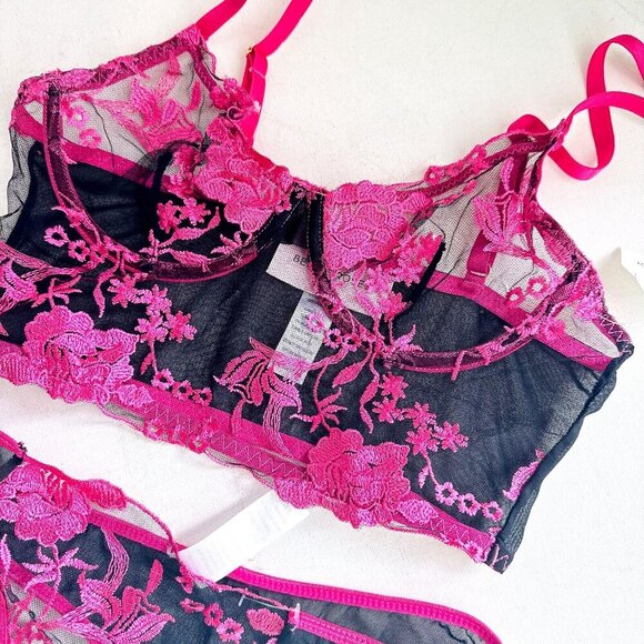 Bed of Roses Black Pink Floral Bra Thong Set S - Picture 4 of 6